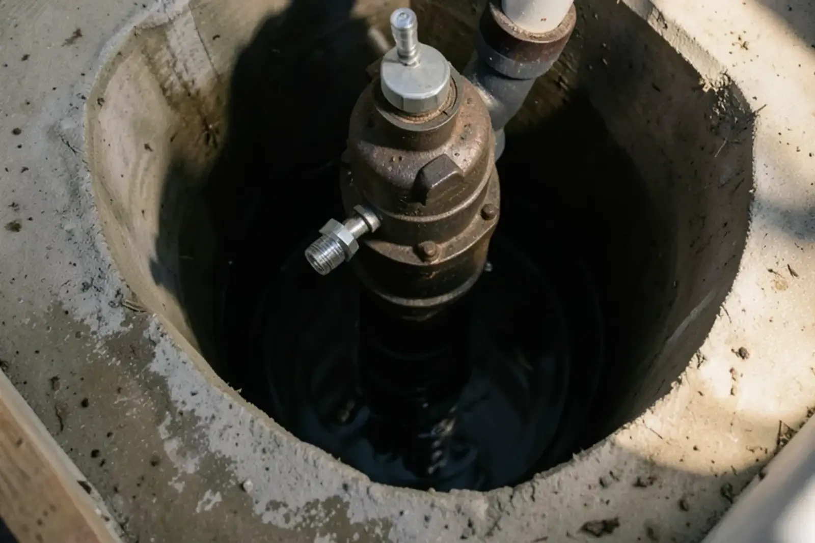 Submersible sump pump in a basement pit with a new check valve on the discharge pipe