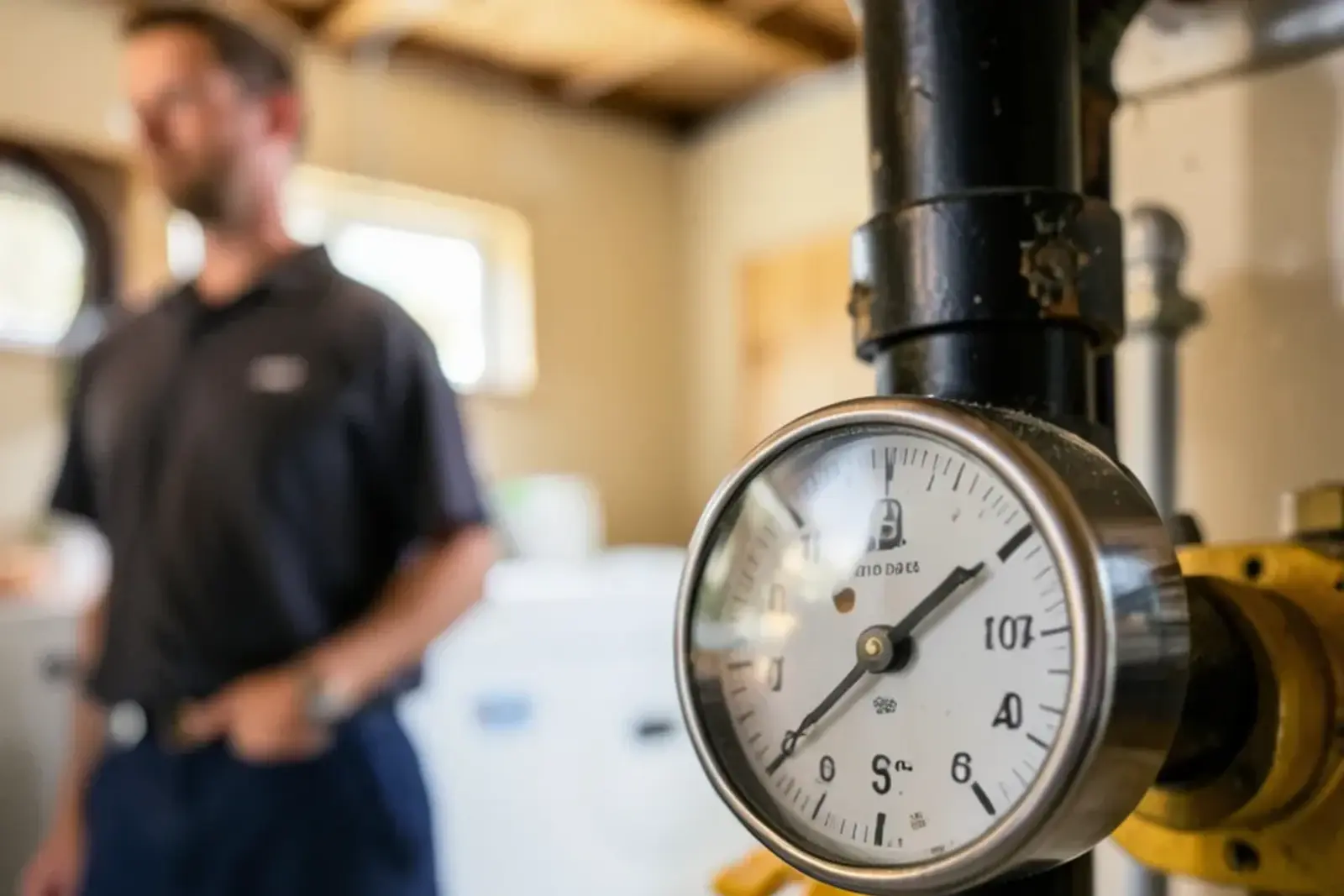 Pressure test gauge attached to new black-iron gas piping in a laundry room