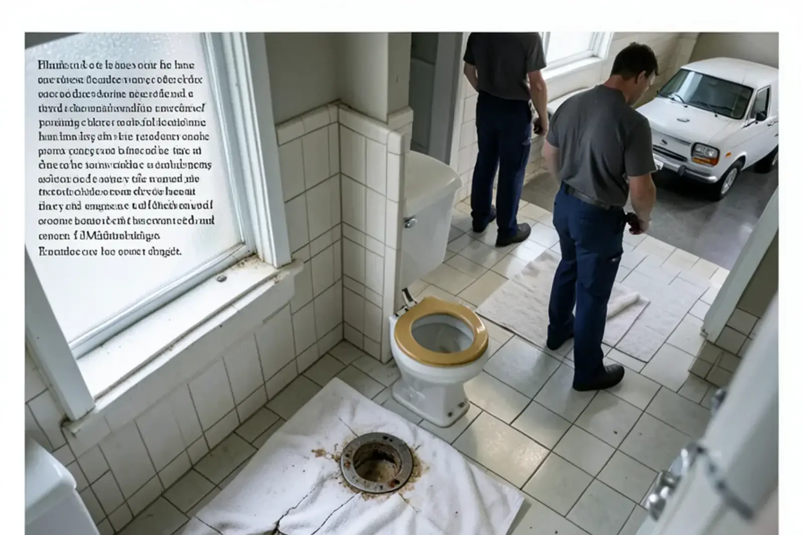 Toilet removed to expose a cracked closet flange on a bathroom floor