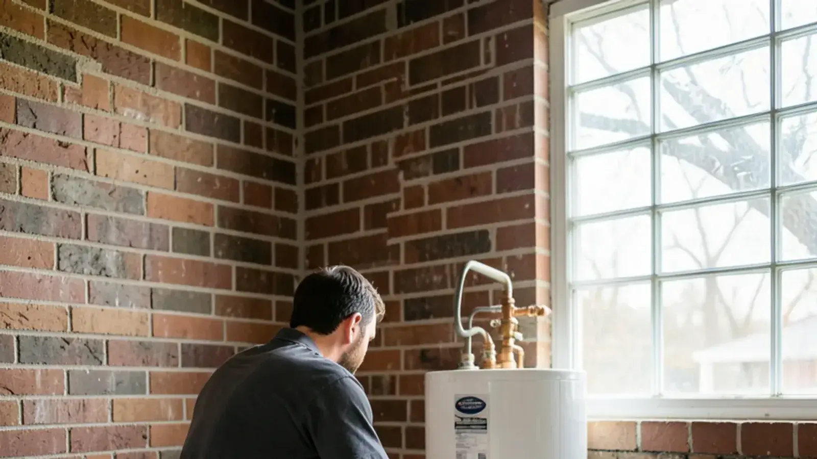 Plumber in a charcoal work shirt kneeling beside a gas water heater in a finished brick ranch basement